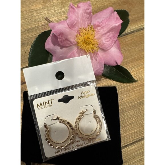 14KT White & Gold Plated 1" Double Hoop Earrings Hypo Allergenic NEW W Gift Bag - Picture 1 of 6